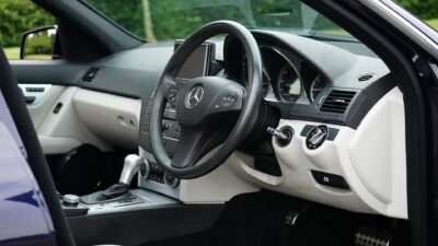 The interior of a car is pictured.