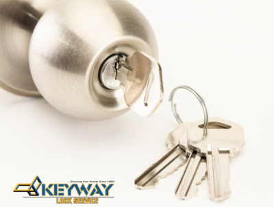 A key is pictured in a door knob lock with the Keyway business logo.